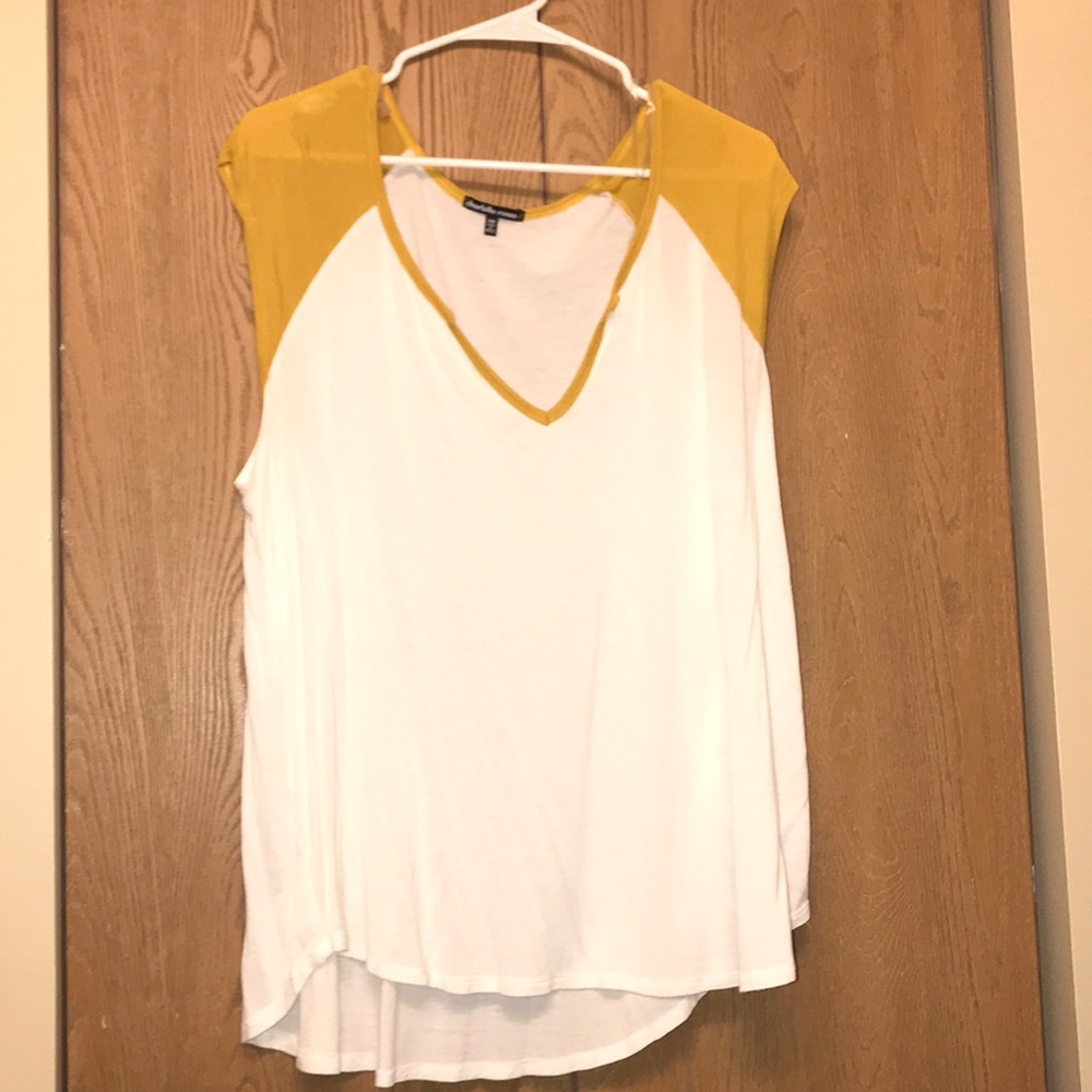 Yellow and white sleeveless v neck